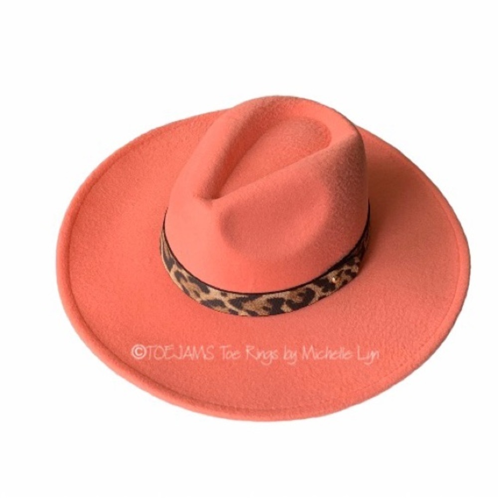 HAT Juicy Peach Coral Fedora Hat, Leopard Attached Hat Band Bohemian … - Picture 3 of 3